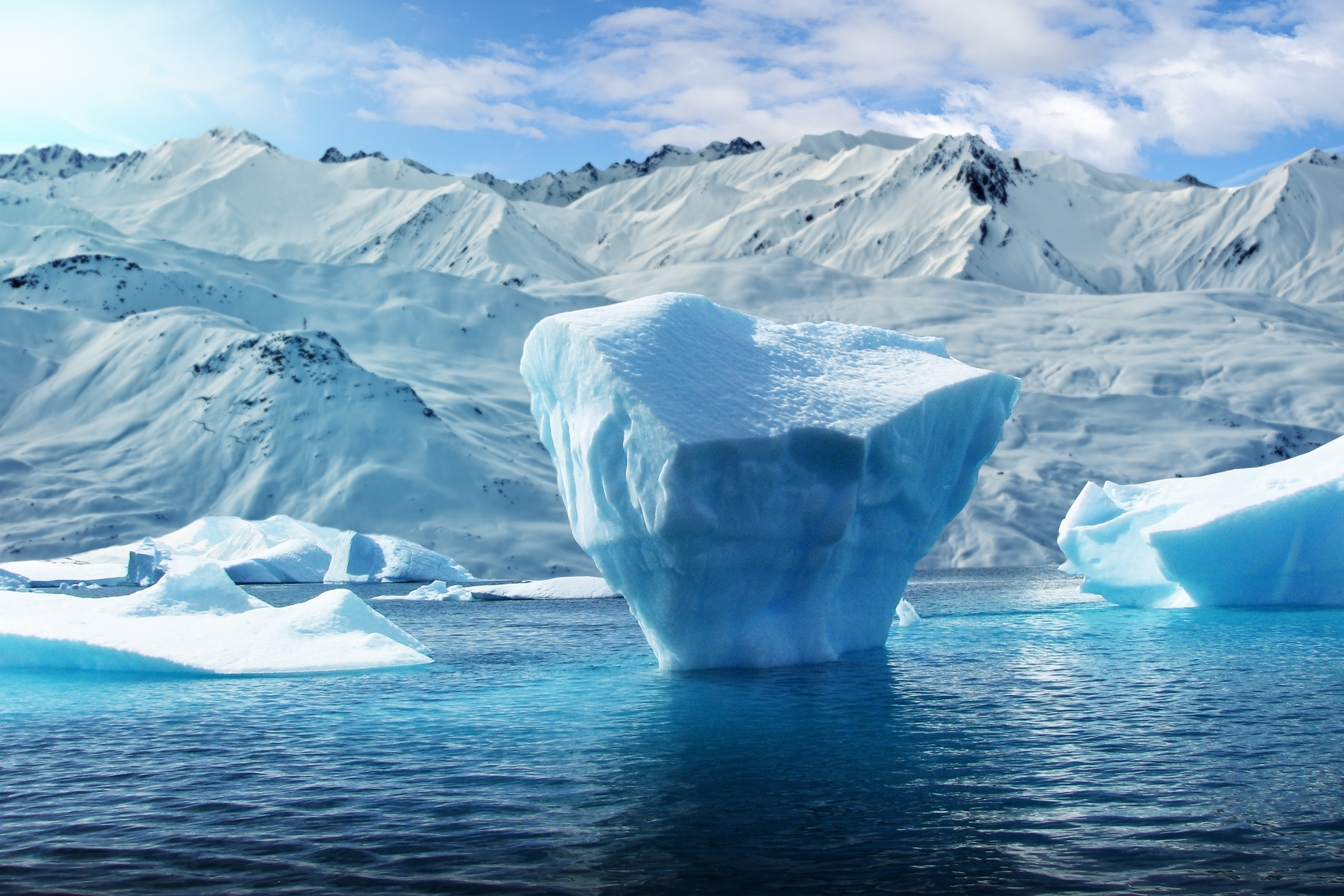 icebergs floating against a mountain backdrop
