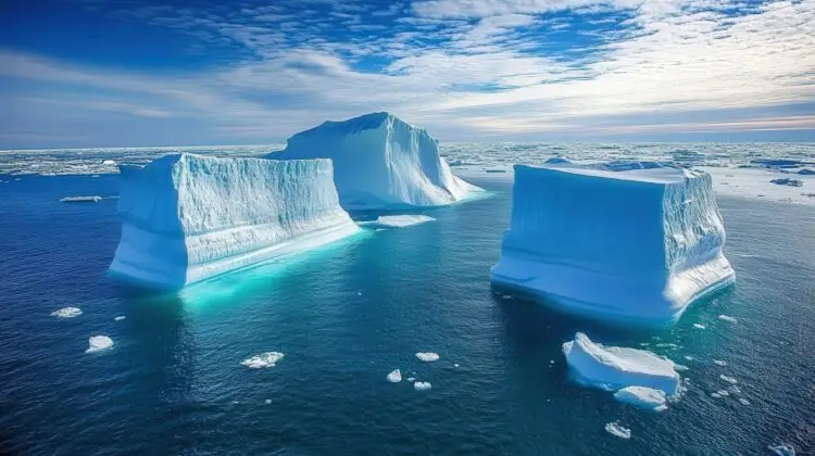 Large icebergs floating in the Arctic Ocean off the coast of Greenland under a blue sky.